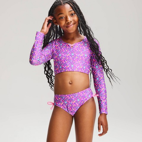 Cat & Jack Girls' Ditsy Floral Long Sleeve Bikini Set - Cat & Jack™ Purple S