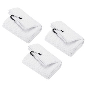 Unique Bargains Super Absorbent Waffle Pattern Tri-Fold Golf Towels with D Clips 3 Pcs - 1 of 4