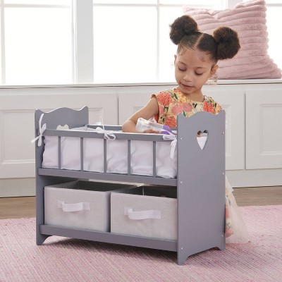 Executive Gray and White Wooden Doll Crib with Storage Baskets