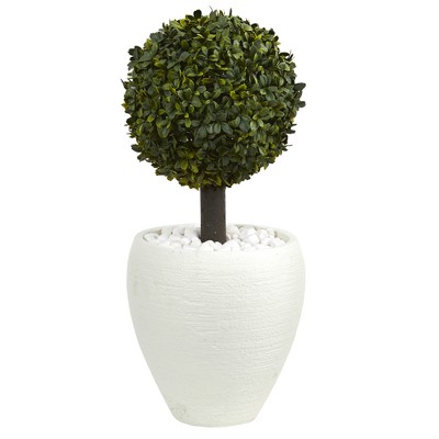 26" Boxwood Topiary Artificial Tree In White Oval Planter - Nearly Natural