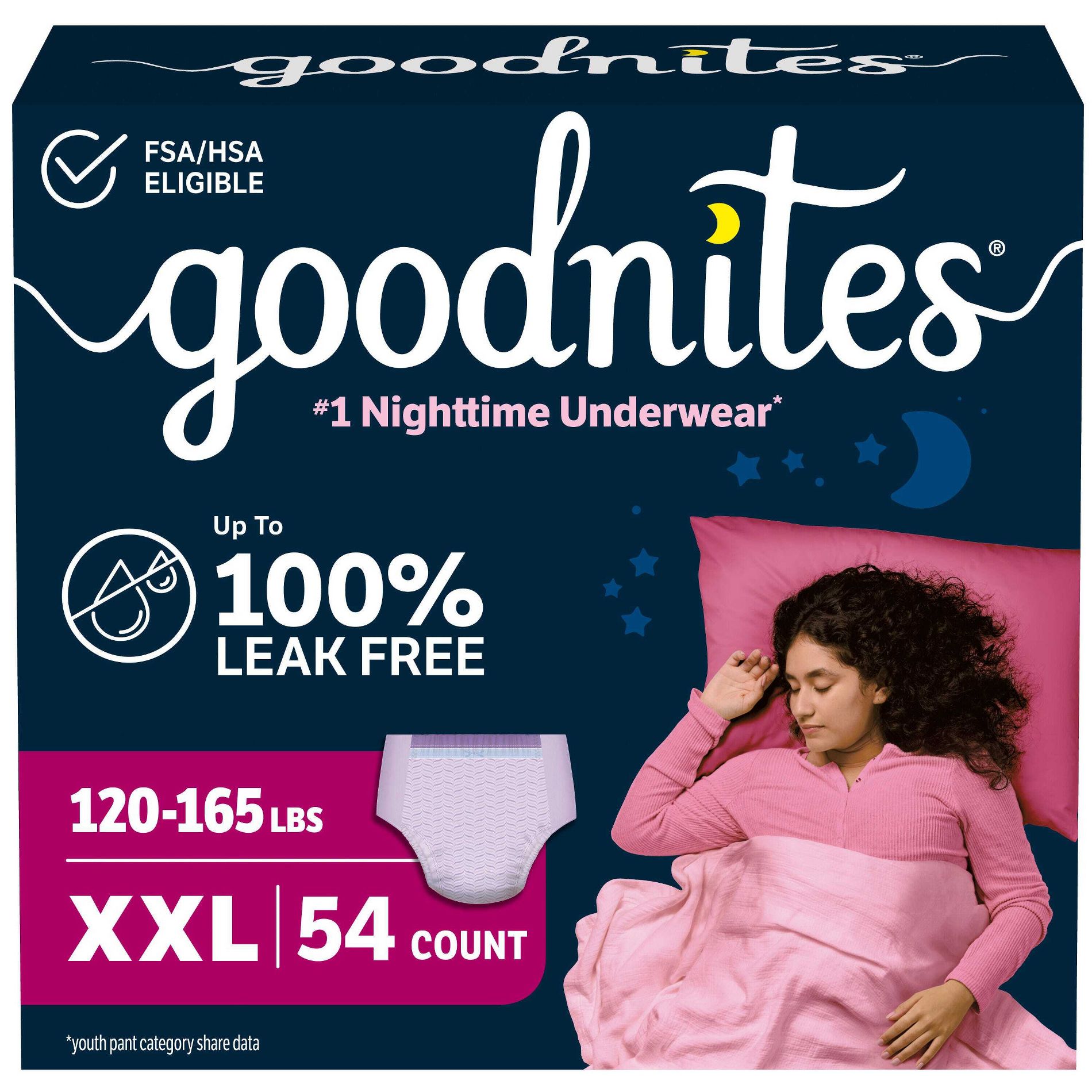Goodnites Girls' Nighttime Bedwetting Disposable Underwear - Size XXL - 54 ct: Odor Control, Elastic Stretch Sides, Leak Guards