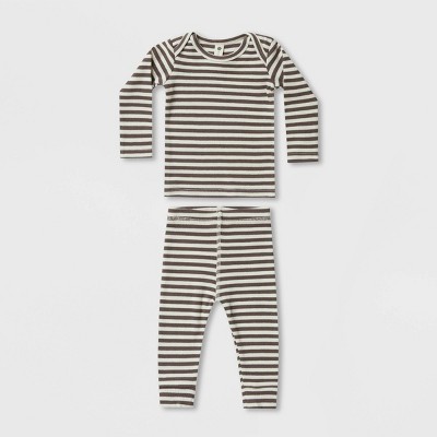 Q by Quincy Mae Baby 2pc Striped Ribbed Long Sleeve Top & Pants Set - Light Beige 6-12M