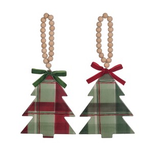 Transpac MDF Epoxy Holiday Plaid Tree Ornament Set of 2 Red Wood Christmas Decorations for Indoor Use and Gift Giving - 1 of 1