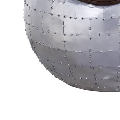 Retro Brown Top Grain Leather and Aluminum Round Ottoman