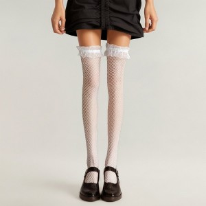 Anna-Kaci Women's Fishnet Thigh High Stockings with Ruffled Lace Top Detail and Soft Stretch Fit for Delicate Feminine Layered Styling - 1 of 3