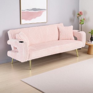 74.01" Corduroy 3-Seater Sofa Bed with 2 Pillows, Metal Feet & Cup Holders - 1 of 4
