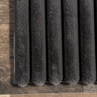 Kai Gray Stripe Faux Rabbit Fur Washable Area Rug