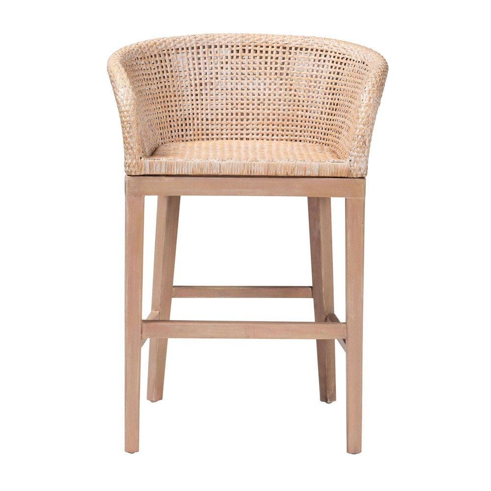 Photos - Chair bali & pari Papua Rattan and Mahogany Wood Counter Height Barstool Antique White Wash/Light Brown: 30 Day Limited Warranty,