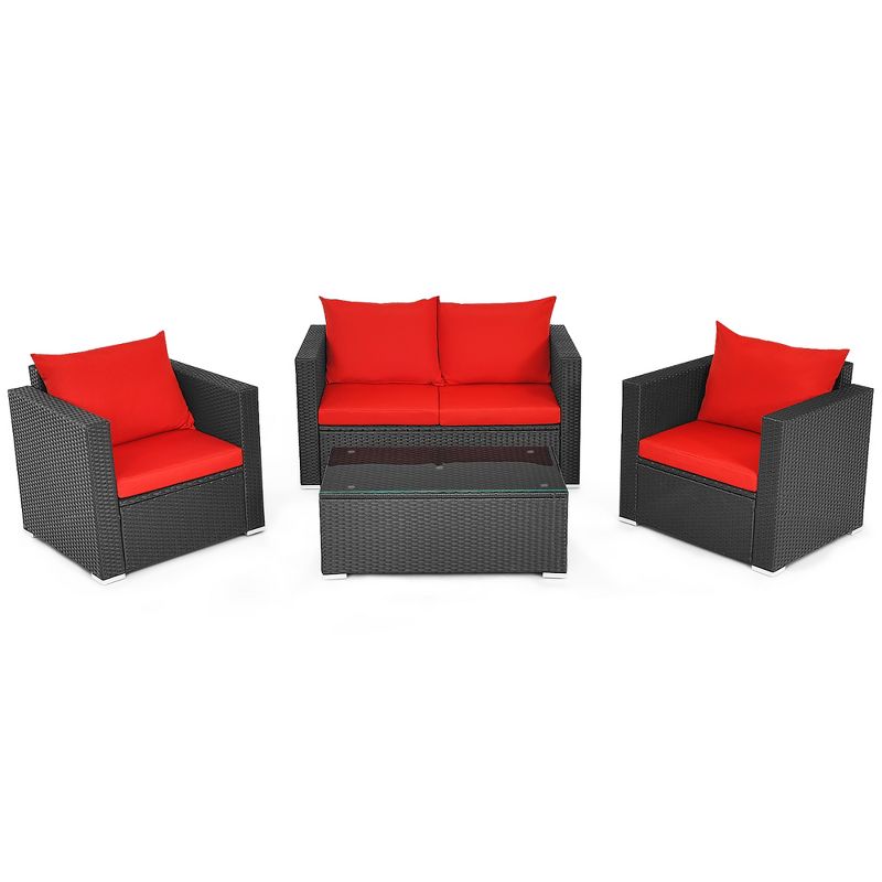 Costway 4PCS Patio Rattan Furniture Set Cushioned Sofa Chair Coffee Table Garden Red, 2 of 13