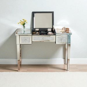 Silver Mirrored Makeup Vanity Desk with Crushed Diamond Inlay, Flip-Top Mirror, Glass Console Dressing Table for Bedroom or Entryway - 1 of 4