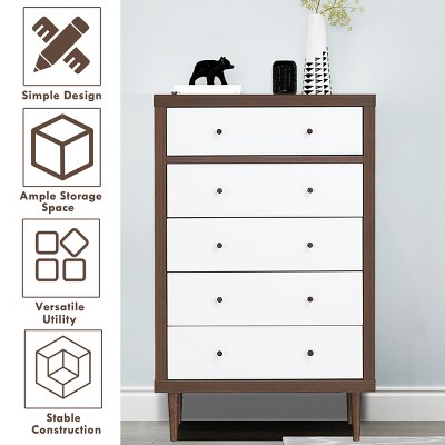 White and Walnut Mid-Century Modern 5-Drawer Dresser
