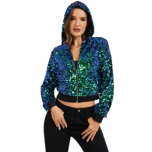 Anna-Kaci Women's Sequin Zip-Up Hooded Jacket with Ribbed Hem and Long Sleeves for Party Wear - 1 of 4