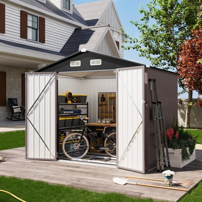 Aoxun 8x6 FT Metal Storage Shed with Base – Waterproof Garden Shed w/ Lockable Doors & Sloped Roof for Backyard, Patio, Poolside (Brown)