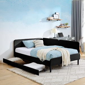 Vynxaria Full Size Upholstered Platform Bed Frame with 2 Storage Drawers, Adjustable Velvet Sofa Bed, Black - 1 of 4