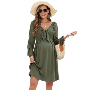 V-neck front chest strap long sleeved pregnant dress military green 82 # army green-XL - 1 of 1