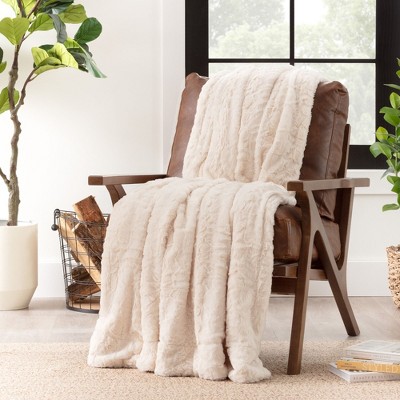 Ivory Faux Fur and Sherpa Reversible Throw Blanket 50" x 65"
