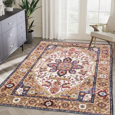 Lyngins Vintage Bohemian Floral Area Rug, Machine Washable Rug for Living Room, Ultra-Soft Faux Cashmere, Vintage Rug (No Shedding), Blue/Gold