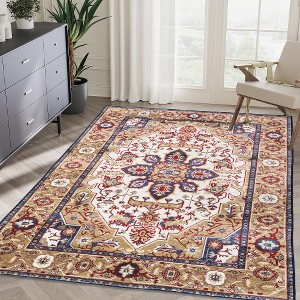 Lyngins Vintage Bohemian Floral Area Rug, Machine Washable Rug for Living Room, Ultra-Soft Faux Cashmere, Vintage Rug (No Shedding), Blue/Gold - 1 of 4
