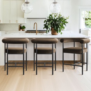 Set of 3 Velvet Upholstered Counter Height Stools, Modern Kitchen Island Stools with Armrests and Footrest for Home Bar-Maison Boucle - 1 of 4