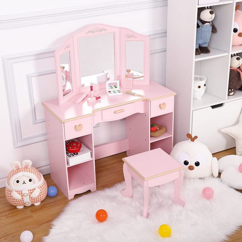 Kids Vanity Set with Mirror and Stool, Wooden Girls Makeup Playset, Princess Vanity Table for Kids, Toddlers, Pink, 2 of 7