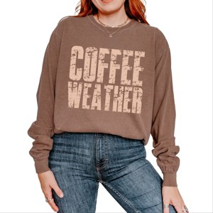Coffee Weather Block Distressed - Women's Garment Dyed Long Sleeve Graphic T-Shirt - 1 of 4