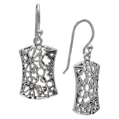 Women's Oxidized Filigree Flower Rectangle Drop Earrings in Sterling Silver - Gray (29mm)
