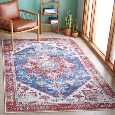 Tucson Red and Blue Square Washable Synthetic Area Rug