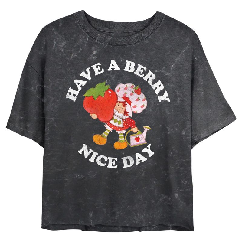 Juniors Womens Strawberry Shortcake Berry Nice Day Greeting  Mineral Wash Crop T Shirt, 1 of 5
