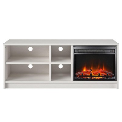 Ameriwood Home Noble Asymmetrical 55“ TV Stand with Electric Fireplace Insert and 4 Shelves, Ivory Oak