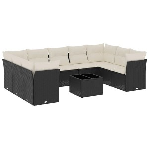 vidaXL 10 Piece Patio Sofa Set with Cushions Black and Cream Poly Rattan - With Table - 1 of 4
