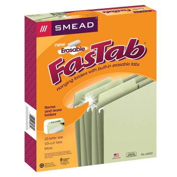 Smead Erasable FasTab Hanging File Folder, 1/3-Cut Built-In Tab, Letter Size, Moss, Box of 20