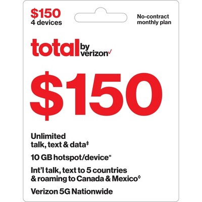 Total By Verizon $150 Unlimited Talk, Text & Data 4-Device No Contract Monthly Plan (Email Delivery)