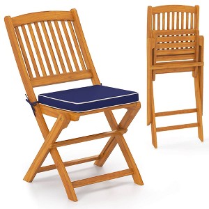 Costway Outdoor Folding Chairs Set of 2 Acacia Wood High-Back Chair with Seat Cushions Beige/Red/Navy - 1 of 4