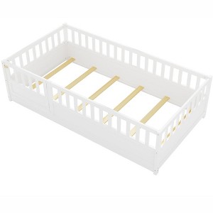 COWLOWN Twin Size Floor Bed with Safety Barrier, Wooden Children's Bed Frame with Door Opening, Pine French Design - 1 of 4