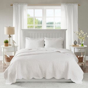 3 Pcs Elegant Reversible Scalloped Edge Quilt Set, Antimicrobial Elegant Touch Bedding for Hot Season, Classic Stitch Pattern Farmhouse Style Bed Set - 1 of 4