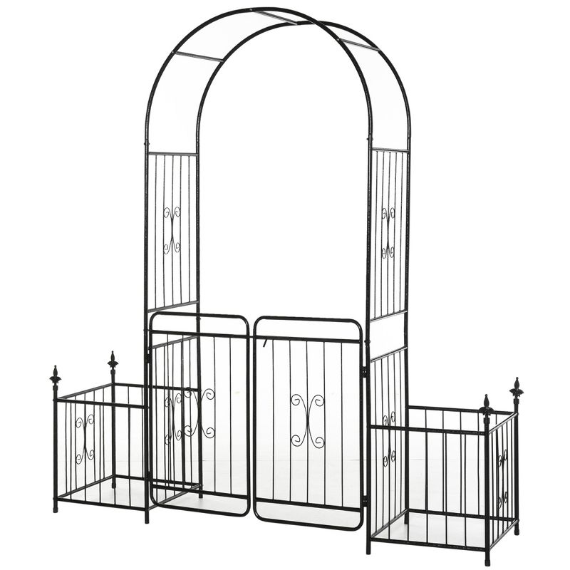 Outsunny 86" Garden Arbor Arch Gate with Trellis Sides for Climbing Plants, Wedding, Grape Vines with Locking Doors & Planter Baskets, Black, 1 of 9