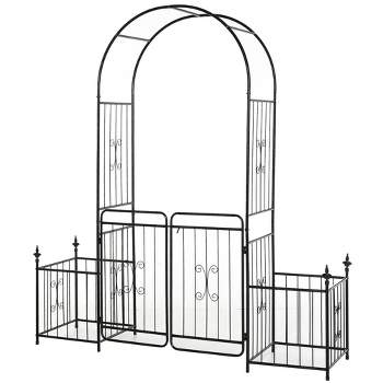 Outsunny 86" Garden Arbor Arch Gate with Trellis Sides for Climbing Plants, Wedding, Grape Vines with Locking Doors & Planter Baskets, Black
