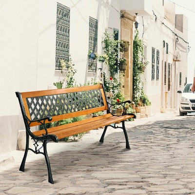 49.5'' Black Iron and Natural Wood Outdoor Garden Bench