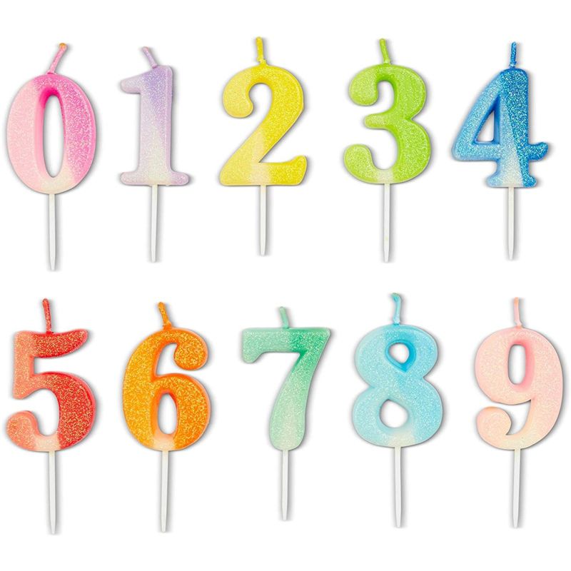 Blue Panda 34-Piece Neon Color Numbers 0-9 and 5" Thin Birthday Cake Topper Candles in Holder for Party Decor, 4 of 9