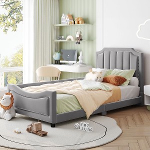 Twin Size Upholstered Daybed with Classic Stripe Shaped Headboard - 1 of 4