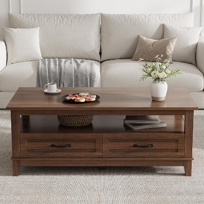 Farmhouse Coffee Table with Drawers, Center Table Rustic Coffee Tables Walnut Living Room Table