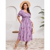Womens Puff Sleeve Summer Maxi Dress Plus Size Smocked Ruffle Square Neck Casual Dress Cute Floral Long Dress Purple 3XL - 4 of 4