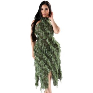 Slickblue Women's Halter Ruffled Midi Dress, Open Back Knit, Multi-Ruffle Hem Party Style, Green, Size S-L - 1 of 4