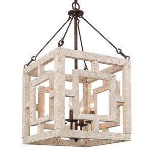 LNC Quaint 4-Lights 14" Farmhouse Square Pendant  Lights,  Off-White Wood and Rustic Bronze - 1 of 4