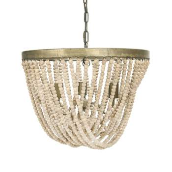 Metal Chandelier with Draped Wood Beads Off-White -Storied Home
