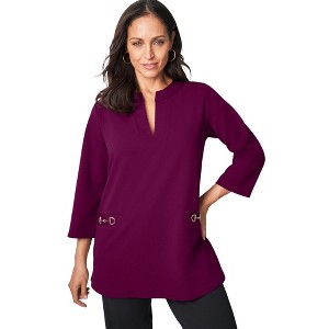 Jessica London Women's Plus Size Gold Detail Split Neck Stretch Knit Tunic - 1 of 2