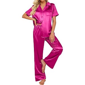 Ekouaer Silk Pajamas for Womens Set 2 Piece Satin Pjs Soft Button Down Sleepwear Wide Leg Long Pants with Pockets - 1 of 1