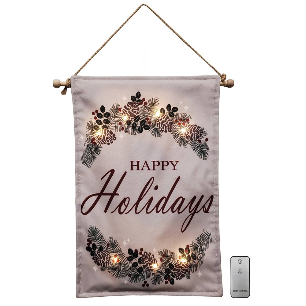 Lumabase Battery Operated Lighted Wall Banner with Remote Control Happy Holidays