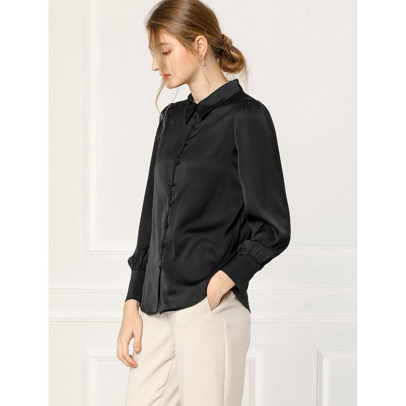 Allegra K Women's Satin Puff Sleeve Point Collar Vintage Button Up Shirt, 5 of 8