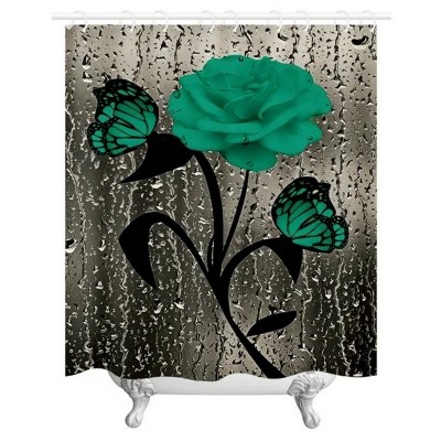 LunaLulinlk 4 Pcs Bathroom Shower Curtain Set Green Rose Shower Curtain